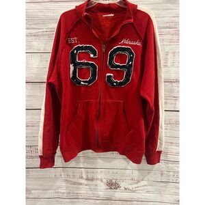 Vtg Nebraska Huskers Full Zip Sweatshirt Red White Stripe Distressed 69 Mens L